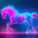 A dancing unicorn illuminated by blue and pink hues in this Vibrant unicorn neon wallpaper.
