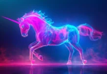 A dancing unicorn illuminated by blue and pink hues in this Vibrant unicorn neon wallpaper.