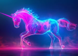 A dancing unicorn illuminated by blue and pink hues in this Vibrant unicorn neon wallpaper.