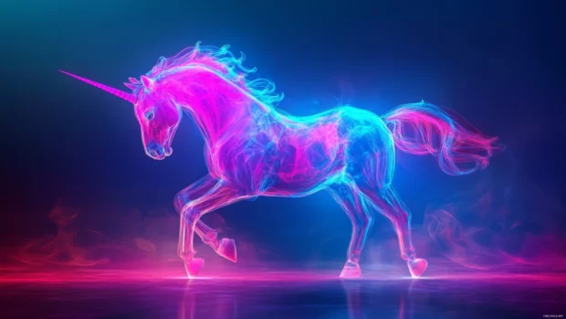A dancing unicorn illuminated by blue and pink hues in this Vibrant unicorn neon wallpaper.