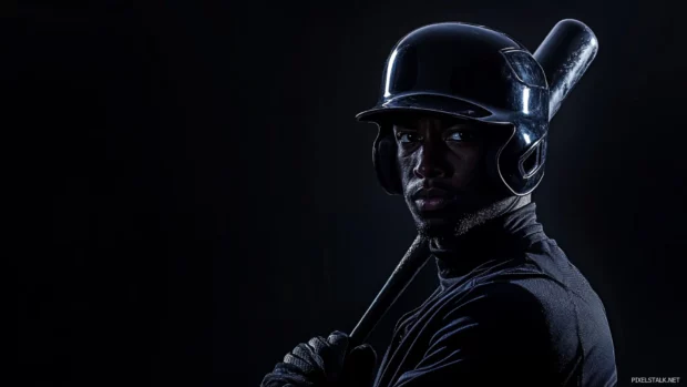 A dark and moody noir style baseball player, dramatic lighting and high contrast shadows.