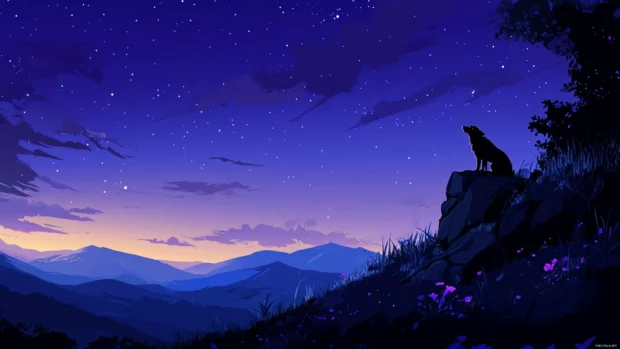 A dark blue sky lit by stars as a wolf silhouette howls from a cliff.