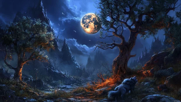 A dark forest glows as a wolf howls under a full moon.