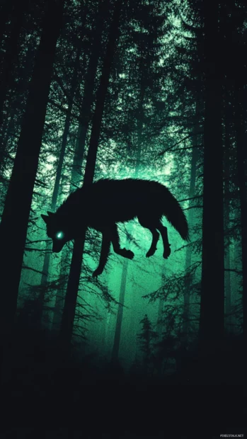 A dark forest pulses with life as a glowing spirit wolf descends from the canopy.