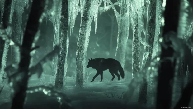 A dark forest scene with a lone black wolf walking between tall icy trees.