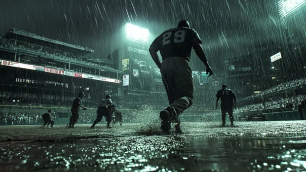 A dark, moody noir style baseball game under heavy rain, deep shadows and dramatic lighting creating an intense atmosphere.