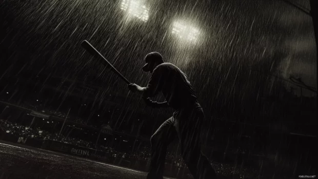A dark, moody noir style baseball game under heavy rain, deep shadows and dramatic lighting creating an intense atmosphere.