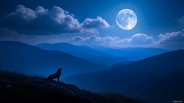 A dark mountain scene where a lone wolf howls as clouds swirl past the full moon.