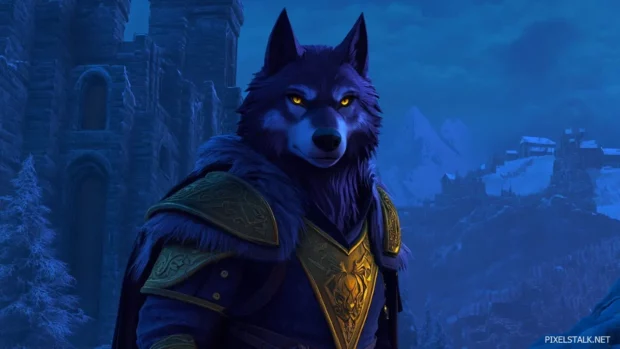 A dark purple wolf with gold armor staring over a cliff of ruins.