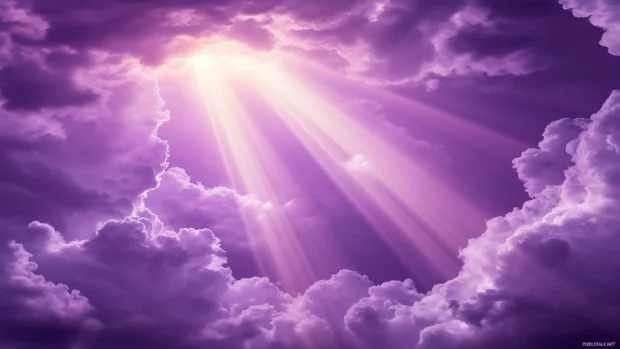 A deep purple sky with bold magenta clouds and soft beams of sunlight breaking through.