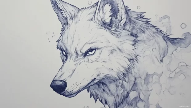 A delicate ink and wash wolf head turned sideways with gentle washes around the eyes.