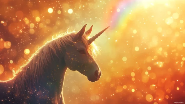 A delicate rainbow glows behind the unicorn while sparkles float through the air.