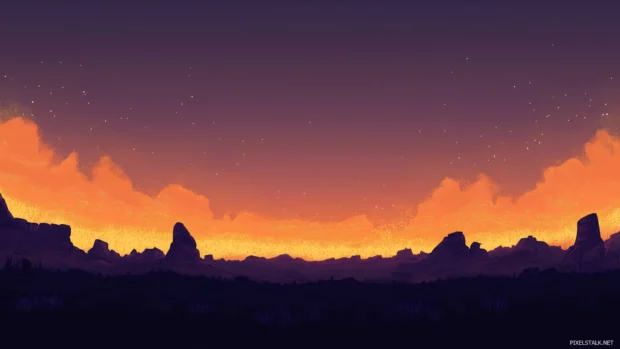 A desert skyline with silhouettes of mesas and buttes under a golden and deep purple sunset.
