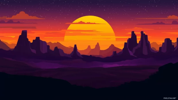 A desert skyline with silhouettes of mesas and buttes under a golden and deep purple sunset.