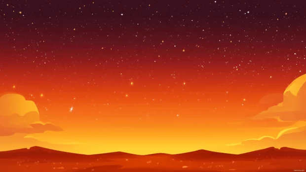 A desert sunset sky with deep orange and red hues fading into a clear starry night.