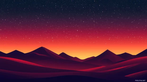 A desert sunset sky with deep orange and red hues fading into a clear starry night.