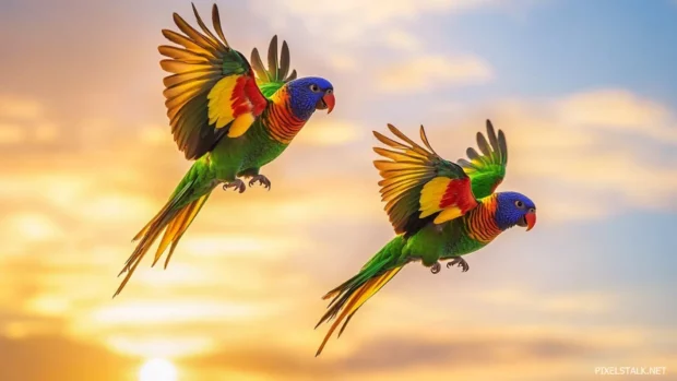A desktop wallpaper with lorikeets soaring in colorful sunset light.