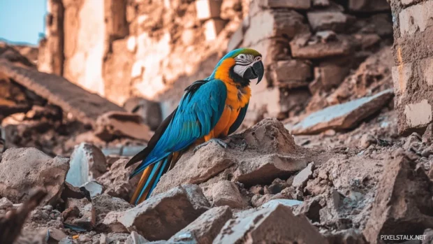 A detailed HD background featuring a parrot in old stone ruins.