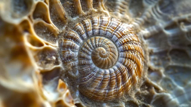 A detailed macro shot of a seashell on the sand, with intricate patterns and textures.