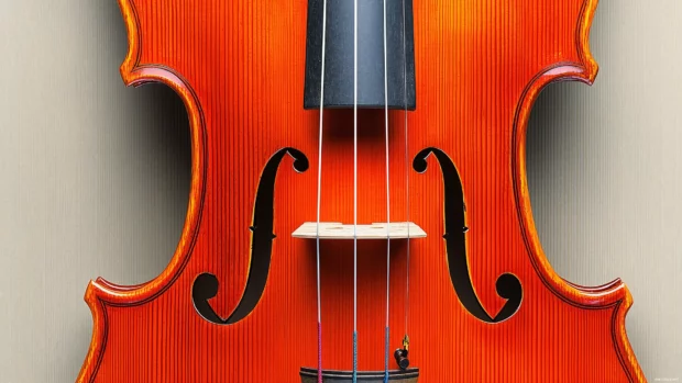 A detailed macro shot of a violin’s strings and bow, showcasing the intricate wood grain and fine craftsmanship.
