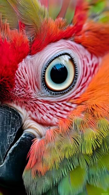 A detailed parrot eye shot with soft shadows on vibrant plumage.