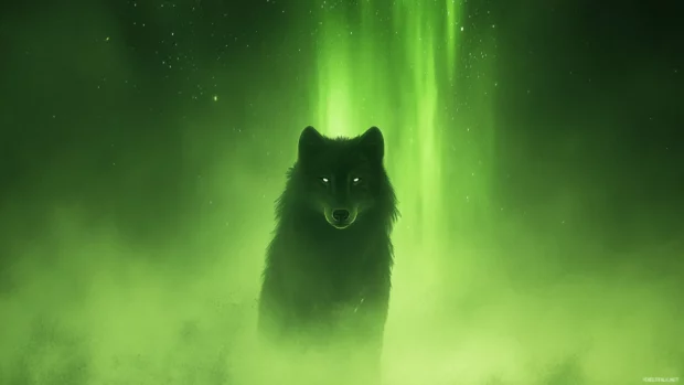 A digital art composition of a spirit wolf rising from mist as aurora flows through the sky.