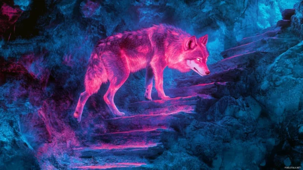 A digital art scene of a glowing red wolf climbing a magical staircase through the peaks.