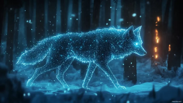 A digital artwork of a glowing spirit wolf walking through enchanted snow woods.