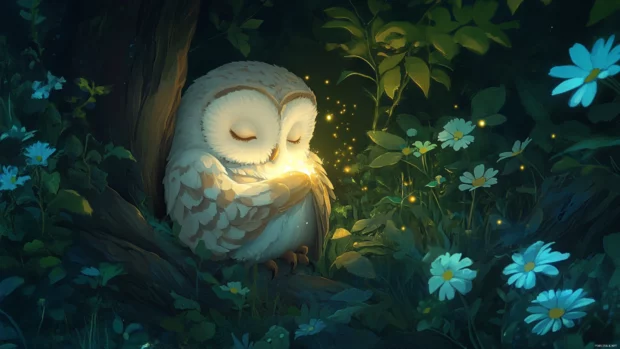 A digital illustration of a little owl hugging a star, glowing softly in the night.