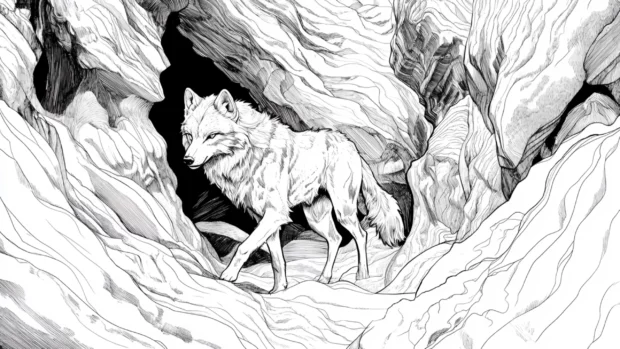 A digital ink style drawing of a lone wolf walking through an abstract canyon.