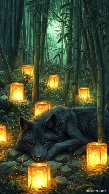 A digital painting of a resting black wolf beneath glowing lanterns in a bamboo forest.