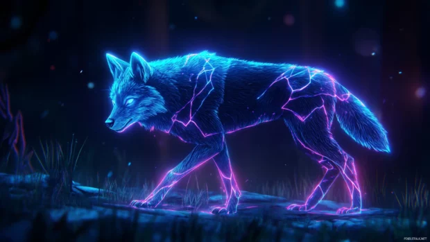 A digital painting of an alpha wolf under eclipse light, glowing with shadow energy.