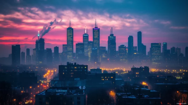A distant view of the city skyline beneath a twilight sky, with just a few lights glowing.