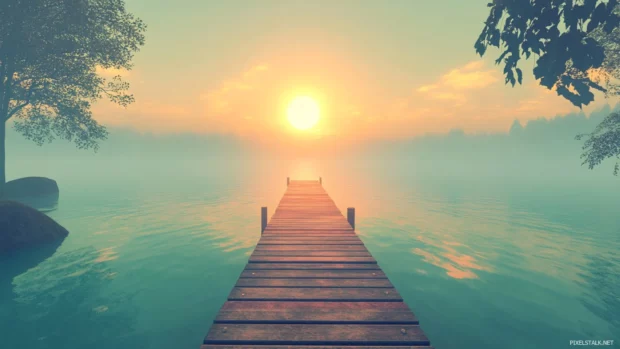 A dock stretches into a glowing lake lit by the morning sun.