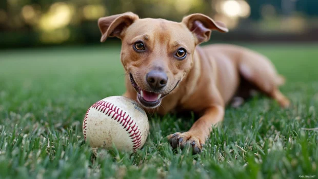 A dog playing with a baseball on the lawn.