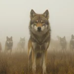 A dominant alpha stands tall while the pack moves behind him in early morning fog.