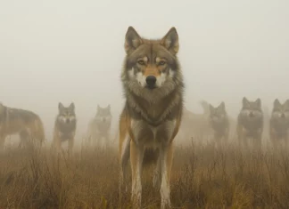 A dominant alpha stands tall while the pack moves behind him in early morning fog.