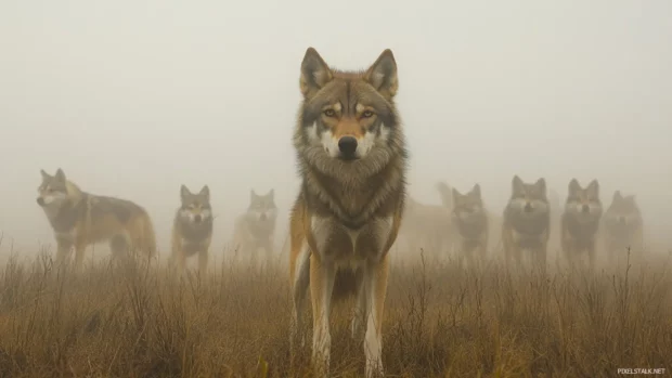 A dominant alpha stands tall while the pack moves behind him in early morning fog.