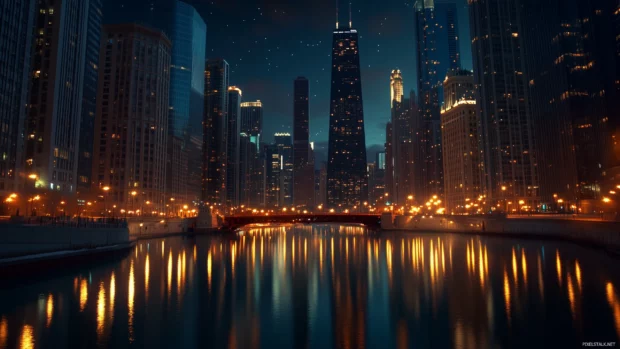 A dramatic Chicago skyline at night, with lit up skyscrapers reflecting in the Chicago River.