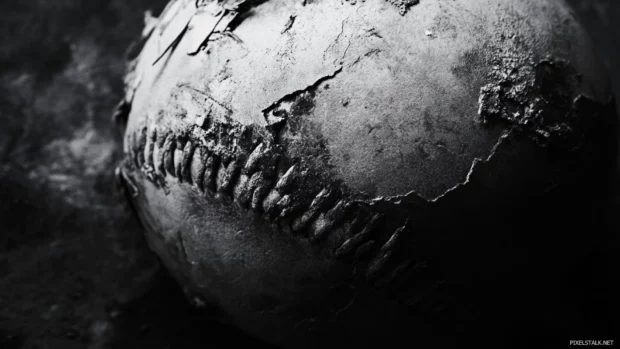 A dramatic black and white close up of a worn baseball rendered in Black and white baseball field wallpaper.