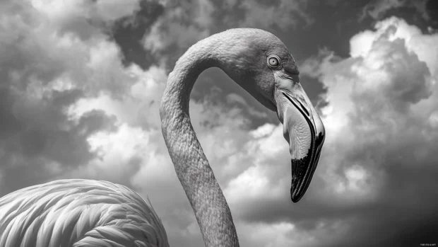 A dramatic black and white image of a flamingo outlined against a cloudy sky.