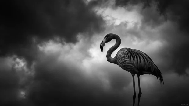 A dramatic black and white image of a flamingo outlined against a cloudy sky, high contrast and moody.