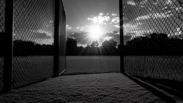 A dramatic black and white shot of a baseball field with long shadows at sunset.