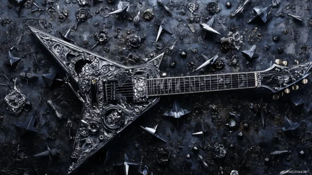 A dramatic close up of a dark, intricate electric guitar with sharp edges and metallic finishes, surrounded by scattered guitar picks and spikes, evoking a heavy metal aesthetic.