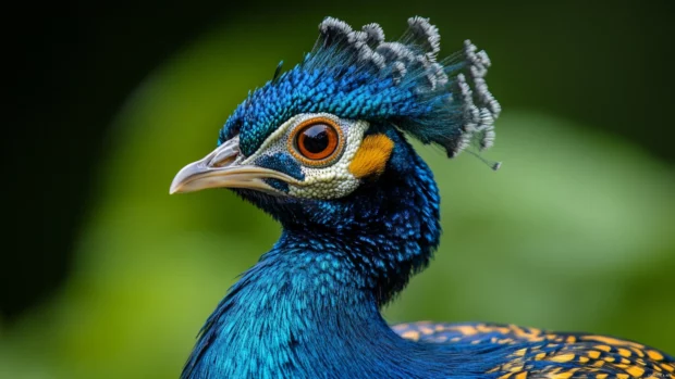 A dramatic close up of the bird blue crest and shimmering emerald green neck feathers.