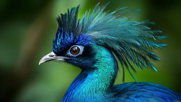 A dramatic close up of the bird blue crest and shimmering emerald green neck feathers.