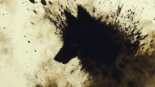 A dramatic composition where a wolf silhouette is created from overlapping dark paint splashes.