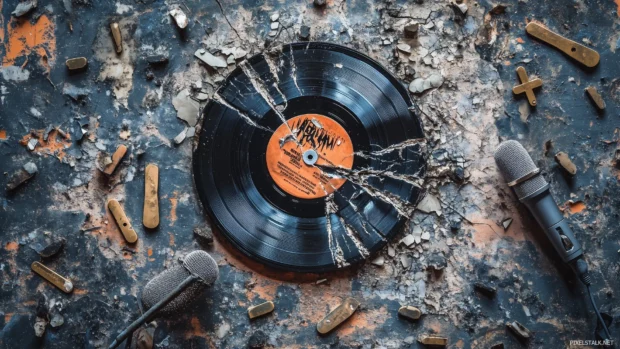 A dramatic image of a cracked vinyl record with rock music graphics, surrounded by scattered guitar picks and an old microphone, evoking a nostalgic rock vibe.