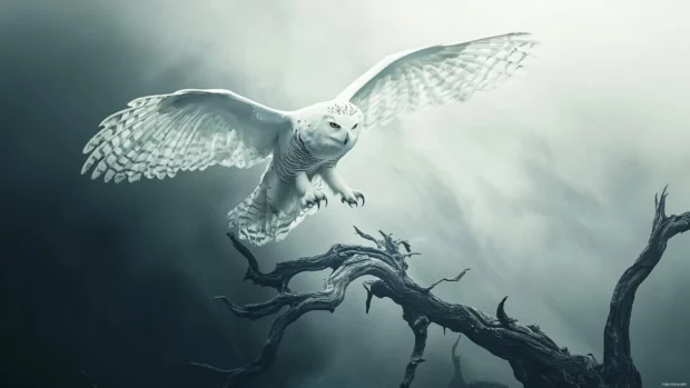A dramatic low angle shot of a white owl landing on a gnarled branch in heavy fog.