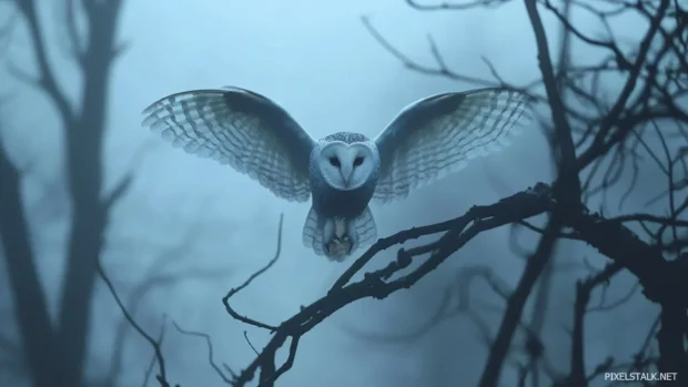 A dramatic low angle shot of a white owl landing on a gnarled branch in heavy fog.
